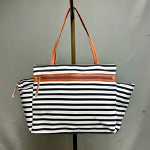 Load image into Gallery viewer, DSW Black &amp; White Stripe Nylon w/ Brown Faux Leather Accent Weekender Tote Purse (14x24x6")
