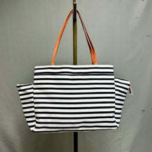 Load image into Gallery viewer, DSW Black &amp; White Stripe Nylon w/ Brown Faux Leather Accent Weekender Tote Purse (14x24x6")
