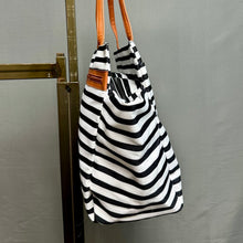 Load image into Gallery viewer, DSW Black &amp; White Stripe Nylon w/ Brown Faux Leather Accent Weekender Tote Purse (14x24x6")
