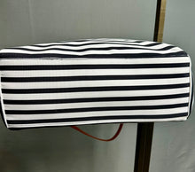 Load image into Gallery viewer, DSW Black &amp; White Stripe Nylon w/ Brown Faux Leather Accent Weekender Tote Purse (14x24x6")
