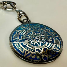 Load image into Gallery viewer, Vintage Taxco Mexico 950 Silver Turquoise Chip Inlay Mayan Calendar Keychain (6")
