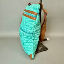 Load image into Gallery viewer, Stone Mountain Turquoise Quilted Tan Vegan Leather Trim Crossbody Purse NWT (11x9.5")

