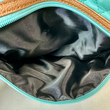 Load image into Gallery viewer, Stone Mountain Turquoise Quilted Tan Vegan Leather Trim Crossbody Purse NWT (11x9.5")

