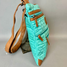 Load image into Gallery viewer, Stone Mountain Turquoise Quilted Tan Vegan Leather Trim Crossbody Purse NWT (11x9.5")
