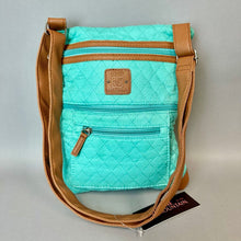Load image into Gallery viewer, Stone Mountain Turquoise Quilted Tan Vegan Leather Trim Crossbody Purse NWT (11x9.5")
