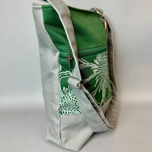 Load image into Gallery viewer, Sak Saum For Freedom Green &amp; Gray Canvas Shell Button Crossbody Purse NWT (13.5x12")
