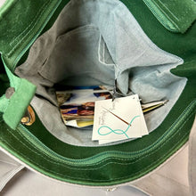 Load image into Gallery viewer, Sak Saum For Freedom Green &amp; Gray Canvas Shell Button Crossbody Purse NWT (13.5x12")
