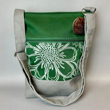 Load image into Gallery viewer, Sak Saum For Freedom Green &amp; Gray Canvas Shell Button Crossbody Purse NWT (13.5x12")
