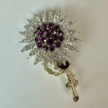 Load image into Gallery viewer, Vintage Lisner Clear &amp; Purple Crystal Sunflower Brooch Pin (3")
