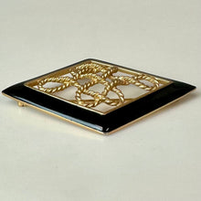 Load image into Gallery viewer, Vintage Monet Goldtone Black Enamel Twisted Rope Diamond Brooch Pin (3")
