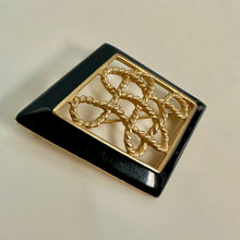 Load image into Gallery viewer, Vintage Monet Goldtone Black Enamel Twisted Rope Diamond Brooch Pin (3")
