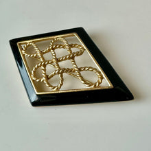 Load image into Gallery viewer, Vintage Monet Goldtone Black Enamel Twisted Rope Diamond Brooch Pin (3")
