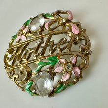 Load image into Gallery viewer, Vintage Mother Goldtone Rhinestone Enamel Filigree Brooch Pin (2")
