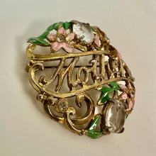 Load image into Gallery viewer, Vintage Mother Goldtone Rhinestone Enamel Filigree Brooch Pin (2")

