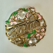 Load image into Gallery viewer, Vintage Mother Goldtone Rhinestone Enamel Filigree Brooch Pin (2")
