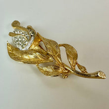 Load image into Gallery viewer, Vintage Brushed Goldtone Clear Rhinestone Flower Brooch Pin (3.25")

