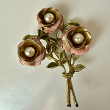 Load image into Gallery viewer, Vintage Goldtone Enamel Faux Pearl Floral Brooch Pin (2.5")
