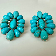 Load image into Gallery viewer, Mooncalf Handmade Silvertone Faux Turquoise Squash Blossom Earrings (1.25")
