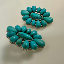 Load image into Gallery viewer, Mooncalf Handmade Silvertone Faux Turquoise Squash Blossom Earrings (1.25")
