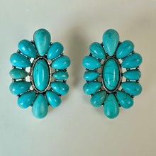 Load image into Gallery viewer, Mooncalf Handmade Silvertone Faux Turquoise Squash Blossom Earrings (1.25")
