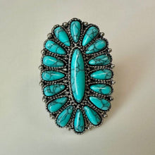 Load image into Gallery viewer, Mooncalf Handmade Silvertone Faux Turquoise Squash Blossom Ring (Adjustable)
