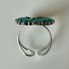 Load image into Gallery viewer, Mooncalf Handmade Silvertone Faux Turquoise Squash Blossom Ring (Adjustable)
