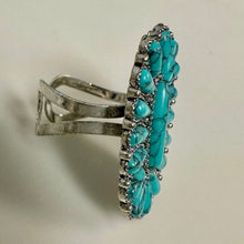 Load image into Gallery viewer, Mooncalf Handmade Silvertone Faux Turquoise Squash Blossom Ring (Adjustable)
