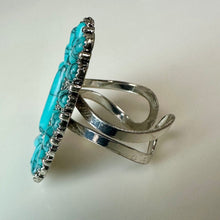 Load image into Gallery viewer, Mooncalf Handmade Silvertone Faux Turquoise Squash Blossom Ring (Adjustable)

