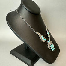 Load image into Gallery viewer, Mooncalf Handmade Silvertone Faux Turquoise Squash Blossom Feather Necklace (21")
