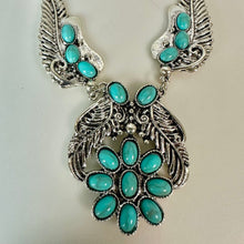 Load image into Gallery viewer, Mooncalf Handmade Silvertone Faux Turquoise Squash Blossom Feather Necklace (21")
