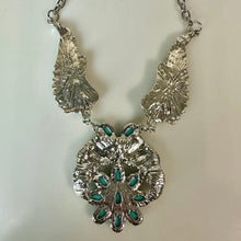 Load image into Gallery viewer, Mooncalf Handmade Silvertone Faux Turquoise Squash Blossom Feather Necklace (21")
