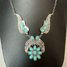 Load image into Gallery viewer, Mooncalf Handmade Silvertone Faux Turquoise Squash Blossom Feather Necklace (21")

