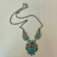 Load image into Gallery viewer, Mooncalf Handmade Silvertone Faux Turquoise Squash Blossom Feather Necklace (21")
