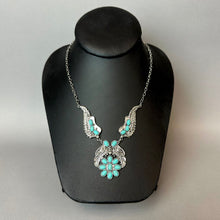 Load image into Gallery viewer, Mooncalf Handmade Silvertone Faux Turquoise Squash Blossom Feather Necklace (21")
