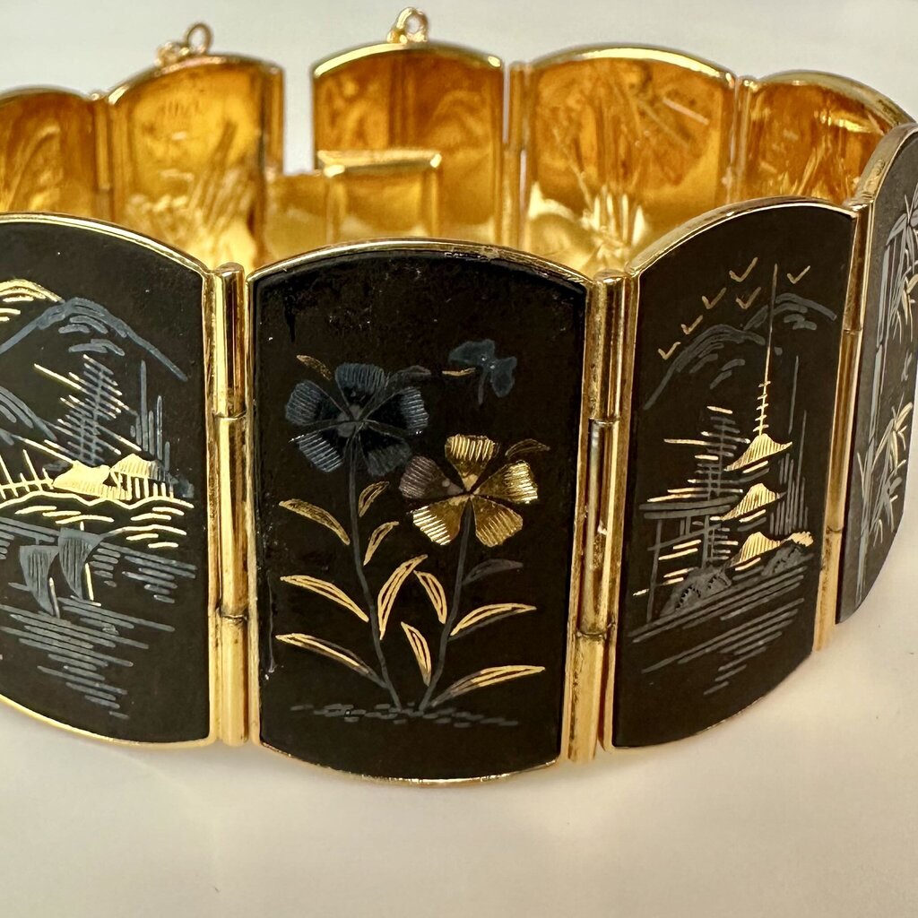 Vintage Amita Japan Damascene Scenic Panel Bracelet (6.75