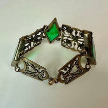Load image into Gallery viewer, Vintage Neiger Bros Art Deco Gold Filled Green Glass Enamel Link Bracelet (7")
