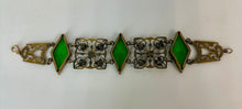 Load image into Gallery viewer, Vintage Neiger Bros Art Deco Gold Filled Green Glass Enamel Link Bracelet (7")
