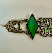 Load image into Gallery viewer, Vintage Neiger Bros Art Deco Gold Filled Green Glass Enamel Link Bracelet (7")
