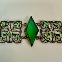 Load image into Gallery viewer, Vintage Neiger Bros Art Deco Gold Filled Green Glass Enamel Link Bracelet (7")

