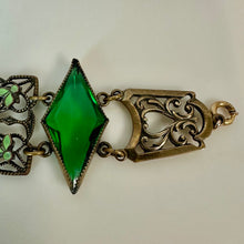 Load image into Gallery viewer, Vintage Neiger Bros Art Deco Gold Filled Green Glass Enamel Link Bracelet (7")
