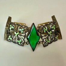 Load image into Gallery viewer, Vintage Neiger Bros Art Deco Gold Filled Green Glass Enamel Link Bracelet (7")
