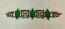 Load image into Gallery viewer, Vintage Neiger Bros Art Deco Gold Filled Green Glass Enamel Link Bracelet (7")
