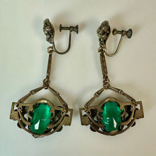 Load image into Gallery viewer, Vintage Neiger Bros Art Deco Gold Filled Green Glass Enamel Screw Back Earrings (2")
