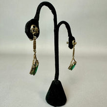 Load image into Gallery viewer, Vintage Neiger Bros Art Deco Gold Filled Green Glass Enamel Screw Back Earrings (2")
