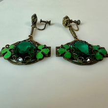 Load image into Gallery viewer, Vintage Neiger Bros Art Deco Gold Filled Green Glass Enamel Screw Back Earrings (2")
