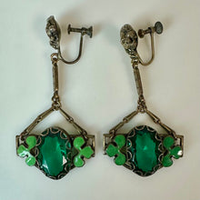Load image into Gallery viewer, Vintage Neiger Bros Art Deco Gold Filled Green Glass Enamel Screw Back Earrings (2")
