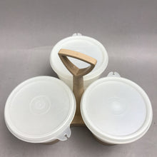 Load image into Gallery viewer, Vintage Tupperware 3-piece Condiment Set w/ Holder &amp; Lids

