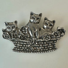 Load image into Gallery viewer, Vintage Sterling Kittens in a Flower Basket Brooch Pin w/ Pendant Loop (2.25")
