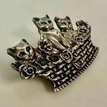 Load image into Gallery viewer, Vintage Sterling Kittens in a Flower Basket Brooch Pin w/ Pendant Loop (2.25")
