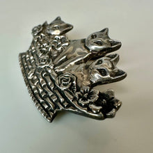 Load image into Gallery viewer, Vintage Sterling Kittens in a Flower Basket Brooch Pin w/ Pendant Loop (2.25")
